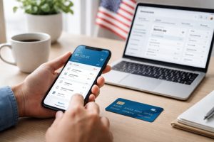 Hands holding a smartphone displaying a digital banking app interface, with a laptop and debit card on a desk, illustrating how mobile technology is reshaping personal finances and everyday money management in the United States.
