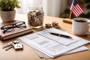 Minimalist and realistic workspace representing modern retirement planning in the United States, featuring a wooden desk with organized financial documents, a pen resting on papers, a glass jar filled with coins, stacked coins nearby, a notebook with eyeglasses, house keys, a coffee cup, and a small American flag in the background, symbolizing long-term finances, stability, and thoughtful financial preparation.