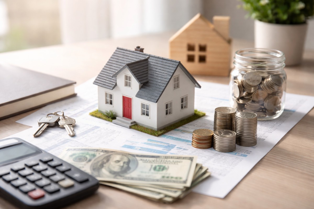 Realistic minimalist scene representing the U.S. real estate market, showing a small model house placed on financial documents, surrounded by U.S. dollar bills, stacked coins, a glass jar filled with coins, house keys, and a calculator on a light wooden desk, illustrating how finances influence property decisions beyond purchase price.