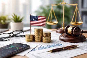 Photograph illustrating U.S. financial oversight and its impact on everyday finances, featuring stacks of gold coins topped with a small American flag, a judge’s gavel and balanced scale in the background, a smartphone displaying a market chart, eyeglasses and printed financial documents arranged on a desk in a clean, minimal composition symbolizing regulation and investor protection.