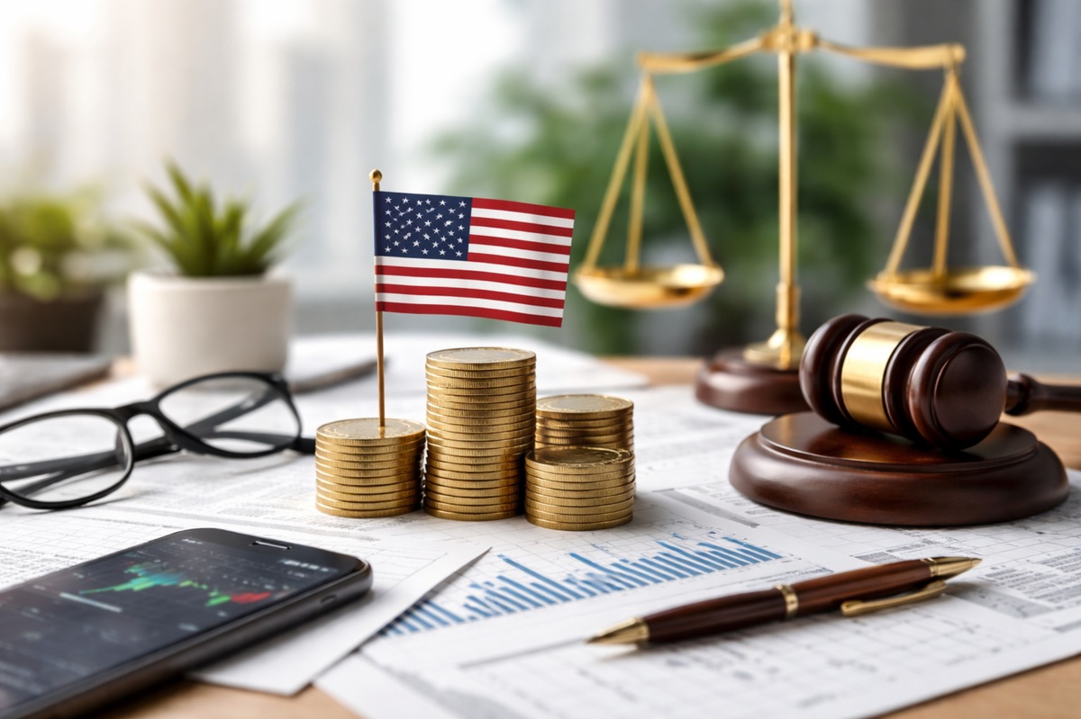 Photograph illustrating U.S. financial oversight and its impact on everyday finances, featuring stacks of gold coins topped with a small American flag, a judge’s gavel and balanced scale in the background, a smartphone displaying a market chart, eyeglasses and printed financial documents arranged on a desk in a clean, minimal composition symbolizing regulation and investor protection.