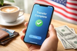 A smartphone displaying confirmation of an instant financial transfer with a green fabric approval icon, supported by a hand on a light wood table.