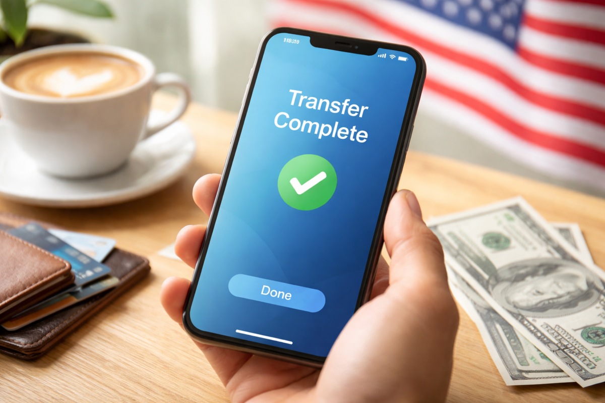 A smartphone displaying confirmation of an instant financial transfer with a green fabric approval icon, supported by a hand on a light wood table.