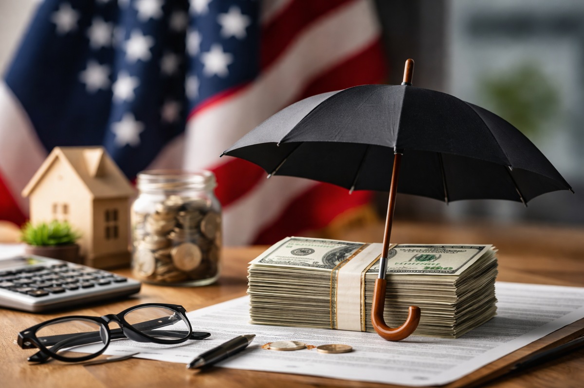 Close-up photograph representing personal financial protection in the United States during economic instability, featuring a neatly stacked bundle of dollar bills secured with a band and sheltered by a small black umbrella on a wooden desk. In the foreground, a pair of eyeglasses, a pen and official-looking documents suggest financial planning and strategic decision-making.