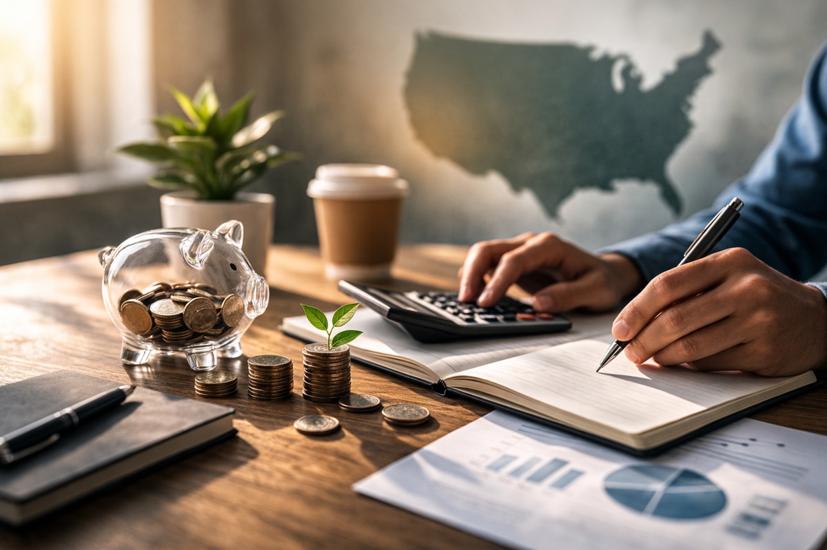 The image portrays a clean, softly lit workspace centered on thoughtful money management. A person writes notes in a notebook while using a calculator, suggesting careful planning and attention to detail.