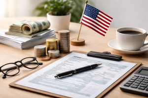 Realistic minimalist scene representing finances and investment taxation in the United States, showing a clean wooden desk with stacks of coins, rolled dollar bills, a small American flag on a stand, a clipboard with financial documents and a pen, eyeglasses, calculator and coffee cup arranged in a balanced composition with soft natural lighting and neutral background, symbolizing financial planning, reporting and investment finances.