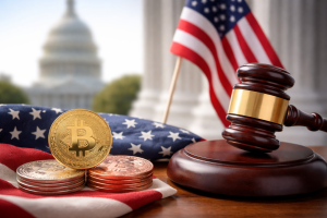 Moeda de Bitcoin dourada posicionada sobre uma bandeira dos Estados Unidos, ao lado de um martelo de juiz apoiado em base de madeira, com o Capitólio desfocado ao fundo, representando o impacto da regulação governamental sobre o mercado de criptomoedas e estratégias de finances nos Estados Unidos.