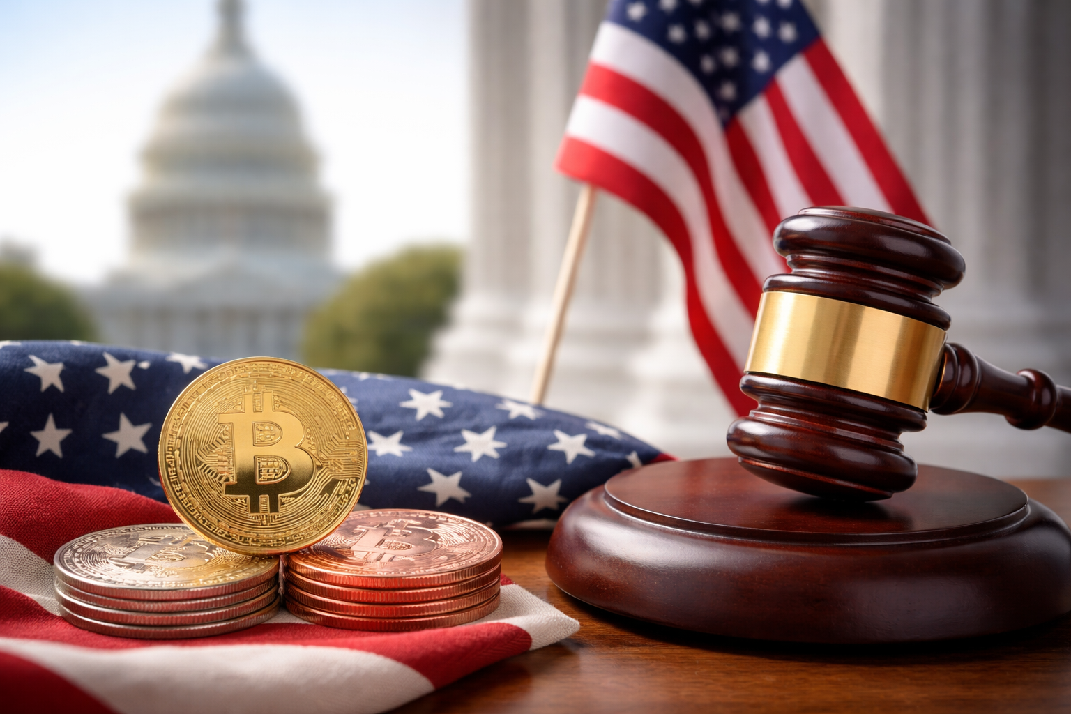 Moeda de Bitcoin dourada posicionada sobre uma bandeira dos Estados Unidos, ao lado de um martelo de juiz apoiado em base de madeira, com o Capitólio desfocado ao fundo, representando o impacto da regulação governamental sobre o mercado de criptomoedas e estratégias de finances nos Estados Unidos.