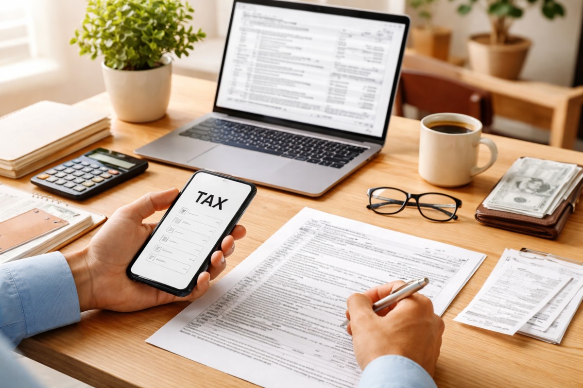 Minimalist home office scene focused on finance management, showing a person reviewing tax documents while holding a smartphone, with a laptop, calculator, coffee cup, glasses, and neatly arranged papers on a wooden desk, representing independent professional finance planning in the United States.