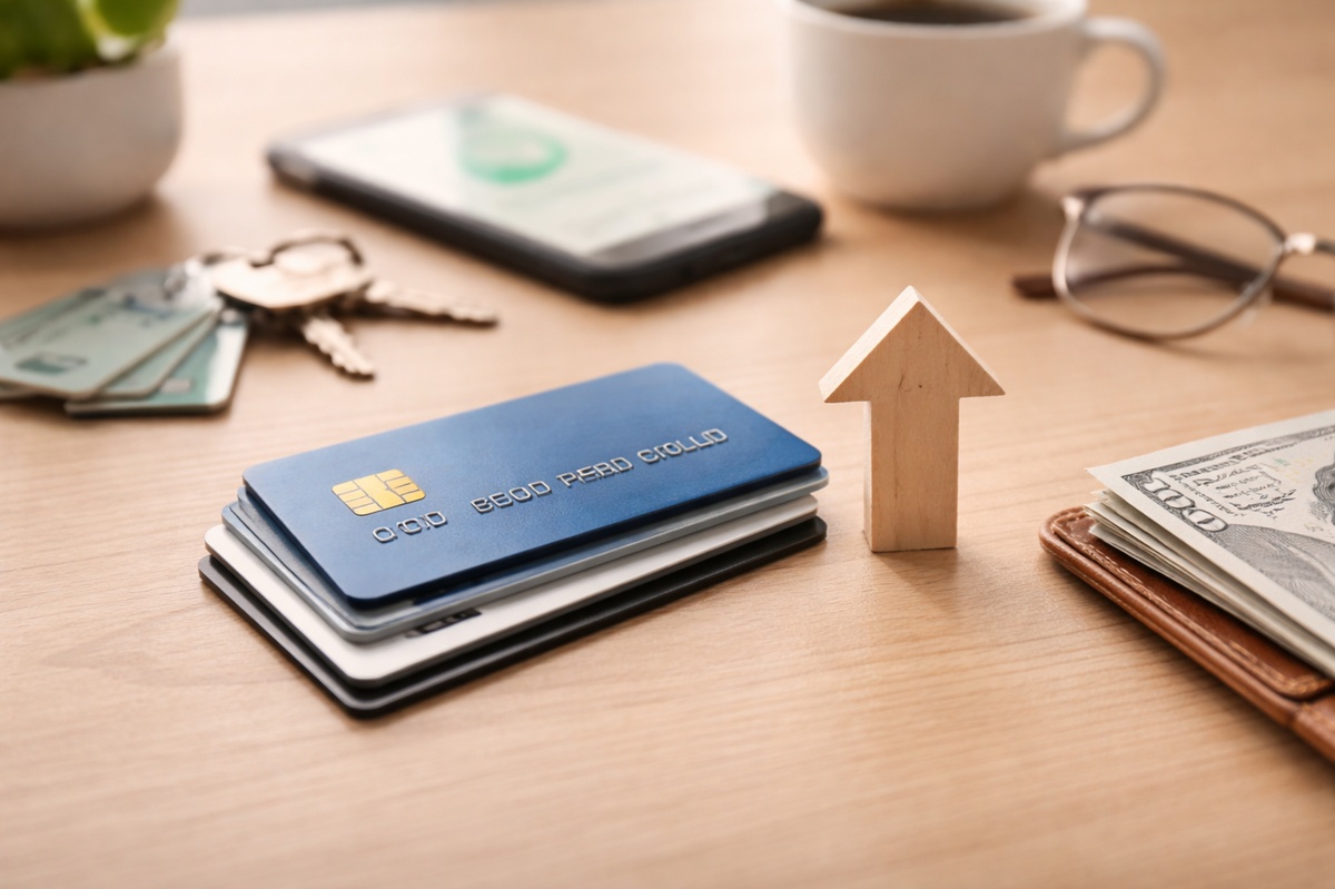 A minimalist and realistic desk scene featuring a neat stack of credit cards in the foreground, symbolizing financial growth and control. Beside them, a small wooden upward arrow represents progress and increasing limits. In the softly blurred background, a smartphone, house keys, eyeglasses, and a coffee cup suggest everyday financial life in the U.S. The composition highlights stability, organization, and responsible use of credit cards.