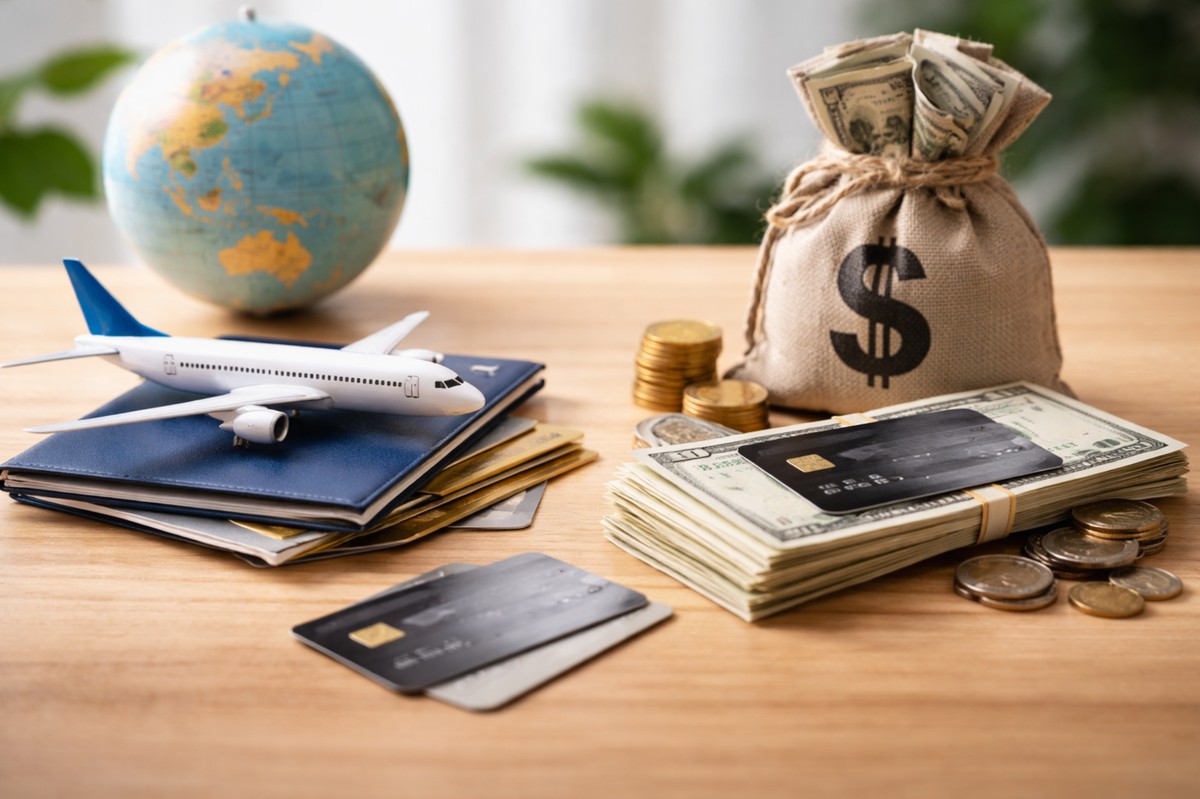 Minimalist and realistic scene comparing travel rewards and cashback from credit cards, featuring a small airplane model on passports and cards beside a globe, contrasted with a stack of cash, coins, and a money bag on a wooden surface, symbolizing financial choices and reward strategies