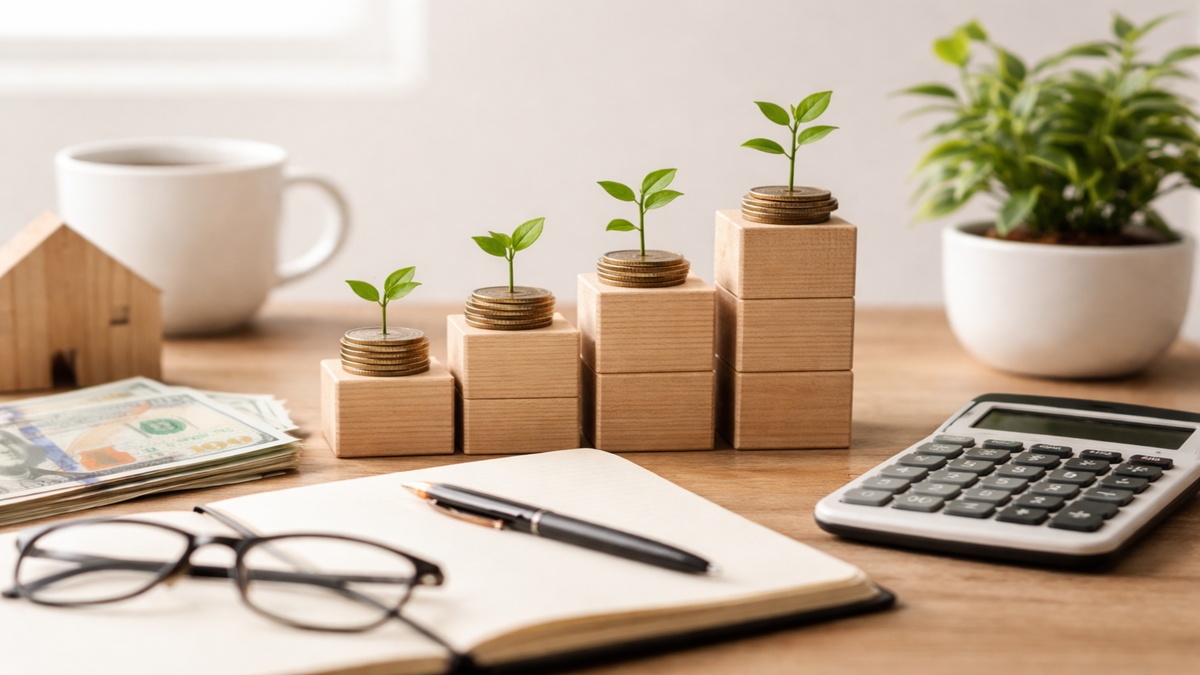 A minimalist and realistic scene representing investments, featuring stacked wooden blocks arranged in ascending order, each topped with coins and small green plants symbolizing growth and income generation.
