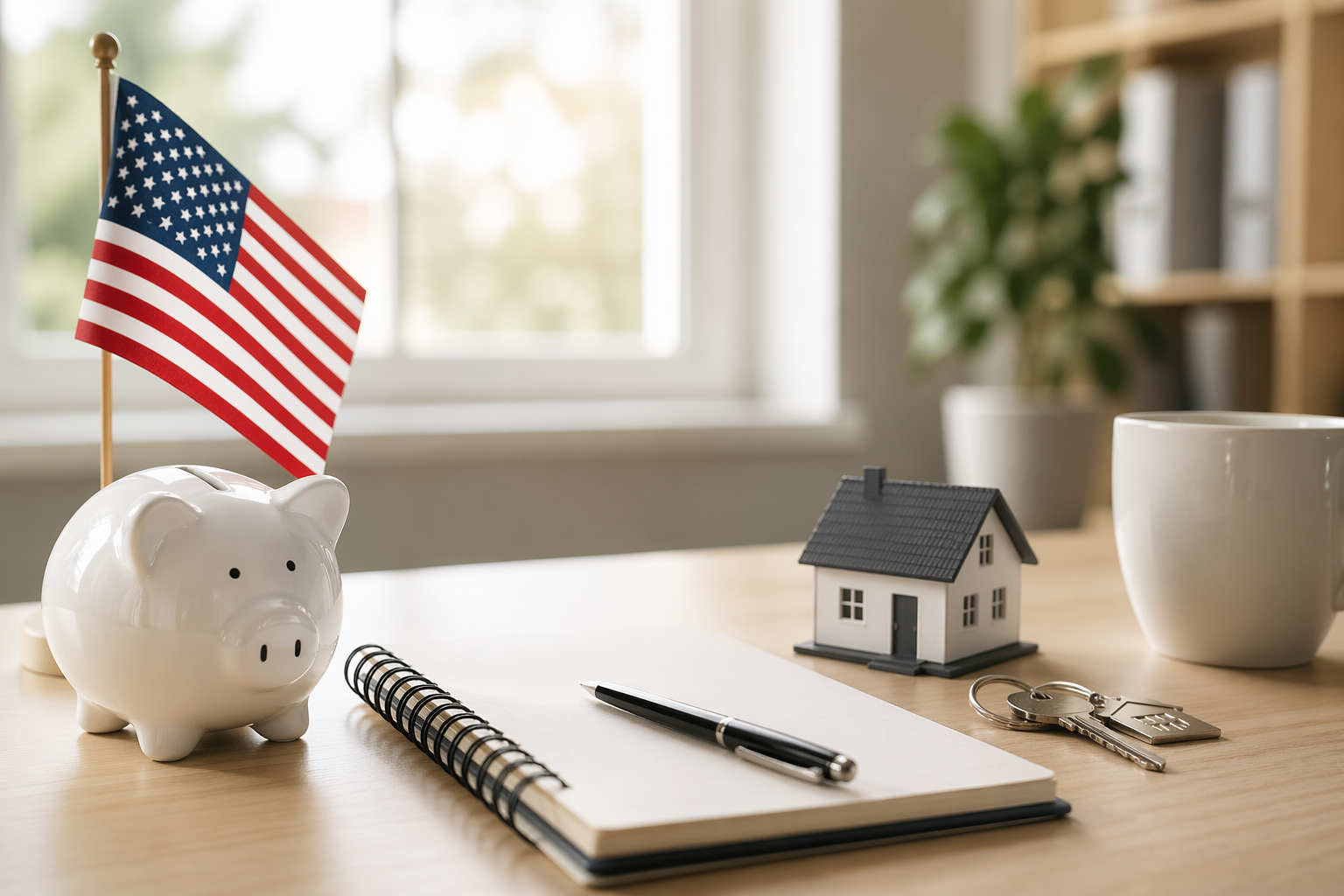 Cena minimalista de um ambiente de trabalho com iluminação natural suave, mostrando uma mesa de madeira clara organizada com poucos elementos bem definidos. Sobre a superfície, há um cofrinho branco ao lado de uma pequena bandeira dos Estados Unidos, um caderno aberto com uma caneta posicionada sobre ele, uma maquete de casa e um molho de chaves, além de uma xícara neutra ao fundo. O enquadramento transmite equilíbrio visual e foco em planejamento doméstico, simbolizando Finances de longo prazo nos Estados Unidos, com profundidade de campo suave e fundo levemente desfocado.