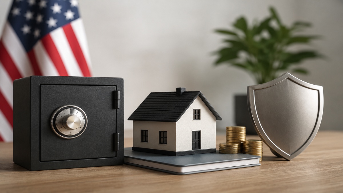 The image visually represents the concept of financial protection and stability through a minimalist and realistic composition. A secure safe, a model house, stacked coins, and a metallic shield symbolize asset preservation, real estate security, and defensive financial strategies. The blurred American flag in the background reinforces the connection to the U.S. economic environment, while the clean aesthetic conveys confidence, organization, and long-term financial resilience.