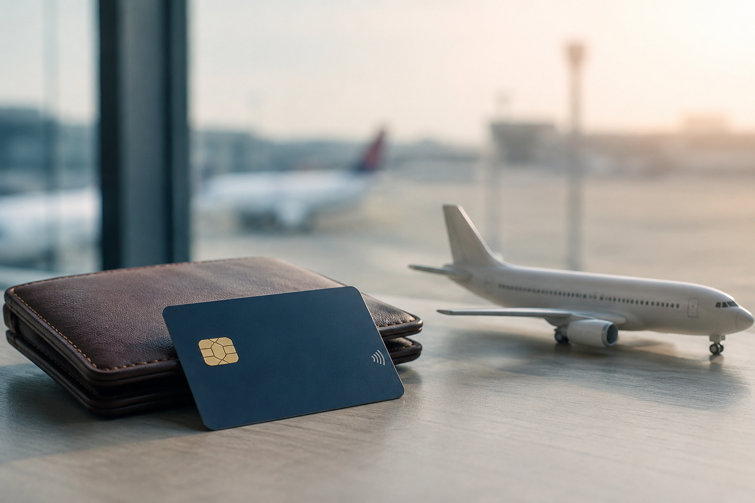 Minimalist and realistic image representing Credit cards and loyalty ecosystems in the United States, featuring a dark blue payment card placed beside a brown leather wallet on a clean airport table. A small airplane model appears in the background with a softly blurred runway and terminal under warm natural lighting, creating a sophisticated travel and rewards atmosphere associated with premium financial benefits and smart consumer spending strategies.