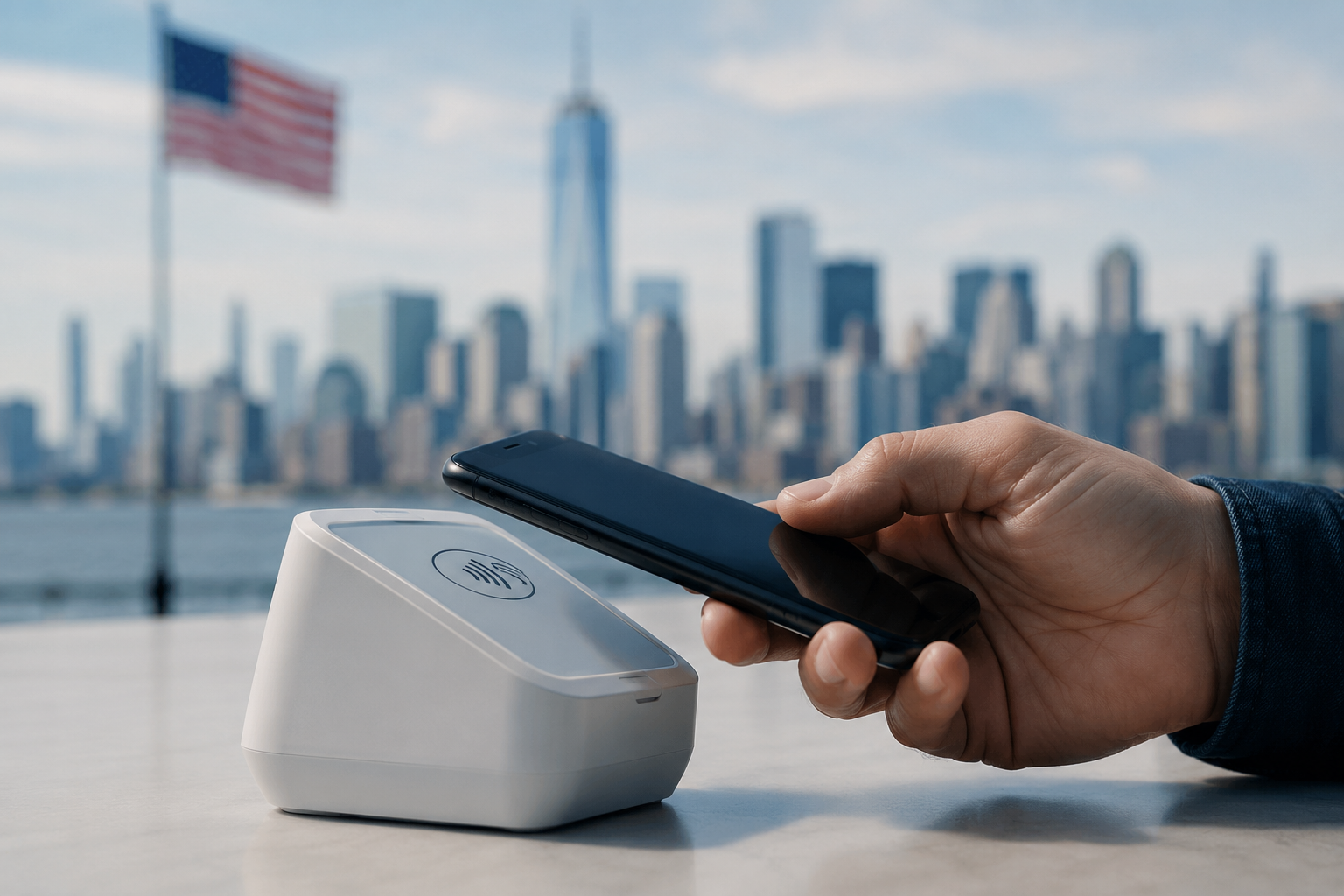 A realistic and minimalist close-up scene showing a person holding a modern smartphone near a contactless payment terminal on a clean surface. In the blurred background, a large American city skyline and a softly visible United States flag reinforce the connection to the U.S. financial market. The composition highlights the evolution of secure digital transactions and the growing role of Credit cards, mobile wallets, and contactless technology in everyday American commerce. Neutral lighting, balanced contrast, and sharp details create a sophisticated and trustworthy visual atmosphere.