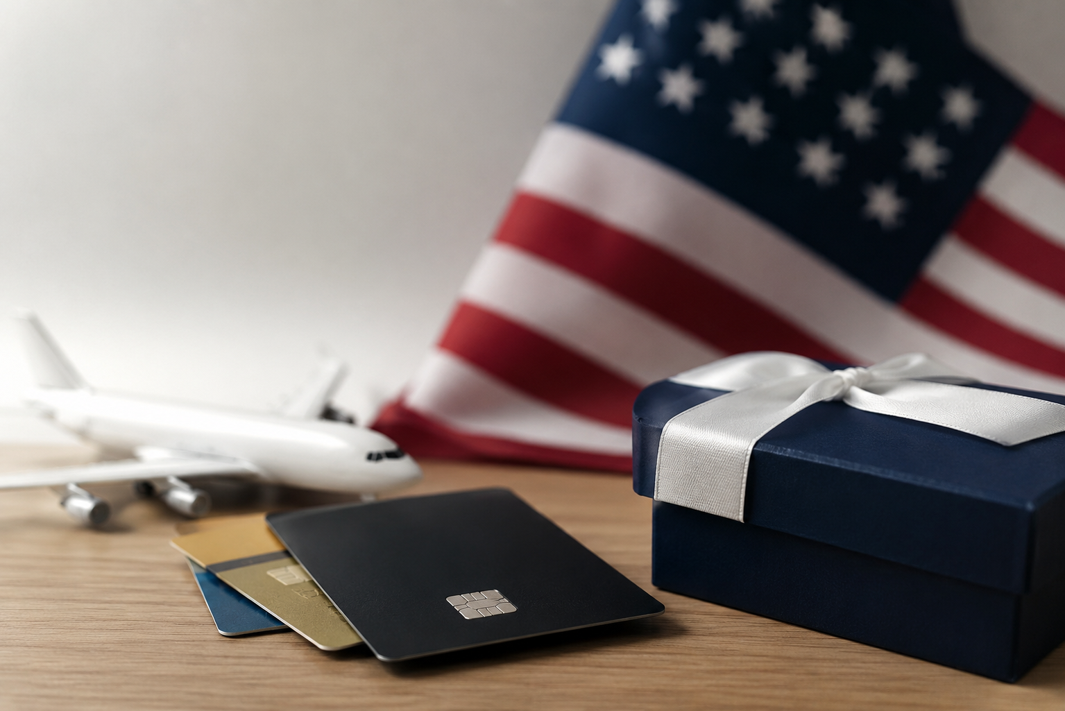 Realistic and minimalist scene representing reward programs in the United States. A modern credit card rests on a clean wooden desk beside a smartphone displaying a generic loyalty app interface with no visible text. In the background, subtle travel-inspired elements such as a boarding pass silhouette, a small suitcase, and a coffee cup suggest everyday spending and lifestyle benefits. Soft natural lighting, balanced contrast, and a professional composition create a polished visual associated with Investments, financial planning, and maximizing consumer rewards through strategic purchasing habits.